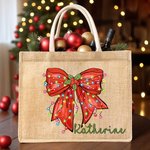 Personlig jul Holly Candy Färgglada ljus Plaid Bow Återanvändbar stor jute Tote Bag med namn Julfestival Present till familj Barn