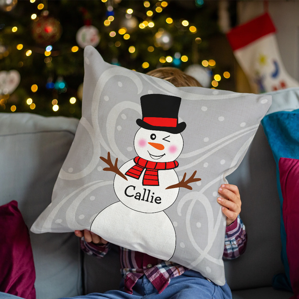Personnalisé chapeau mignon bonhomme de neige hiver flocon de neige jeté housse de coussin avec nom Festival Home Decor Happy Christmas Birthday Gift