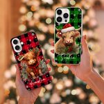 Personalized Holly Santa Hat Highland Cow Colorful Plaid Slim Phone Case with Name for iPhone Christmas Birthday Gift for Highland Cow Lovers