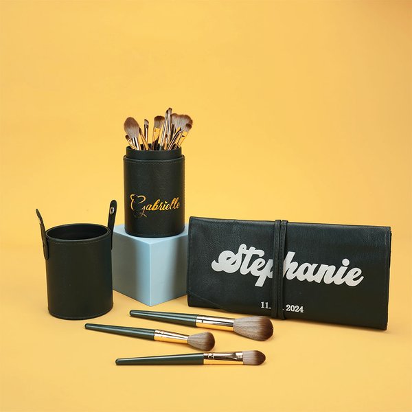 Personalised Leather Name Makeup Brush Pouch Barrel with 14 Pcs Makeup Brushes Birthday Gift for Women