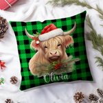 Personalized Holly Santa Hat Highland Cow Colorful Plaid Throw Pillow Cover with Name Home Decor Birthday Christmas Gift for Highland Cow Lovers
