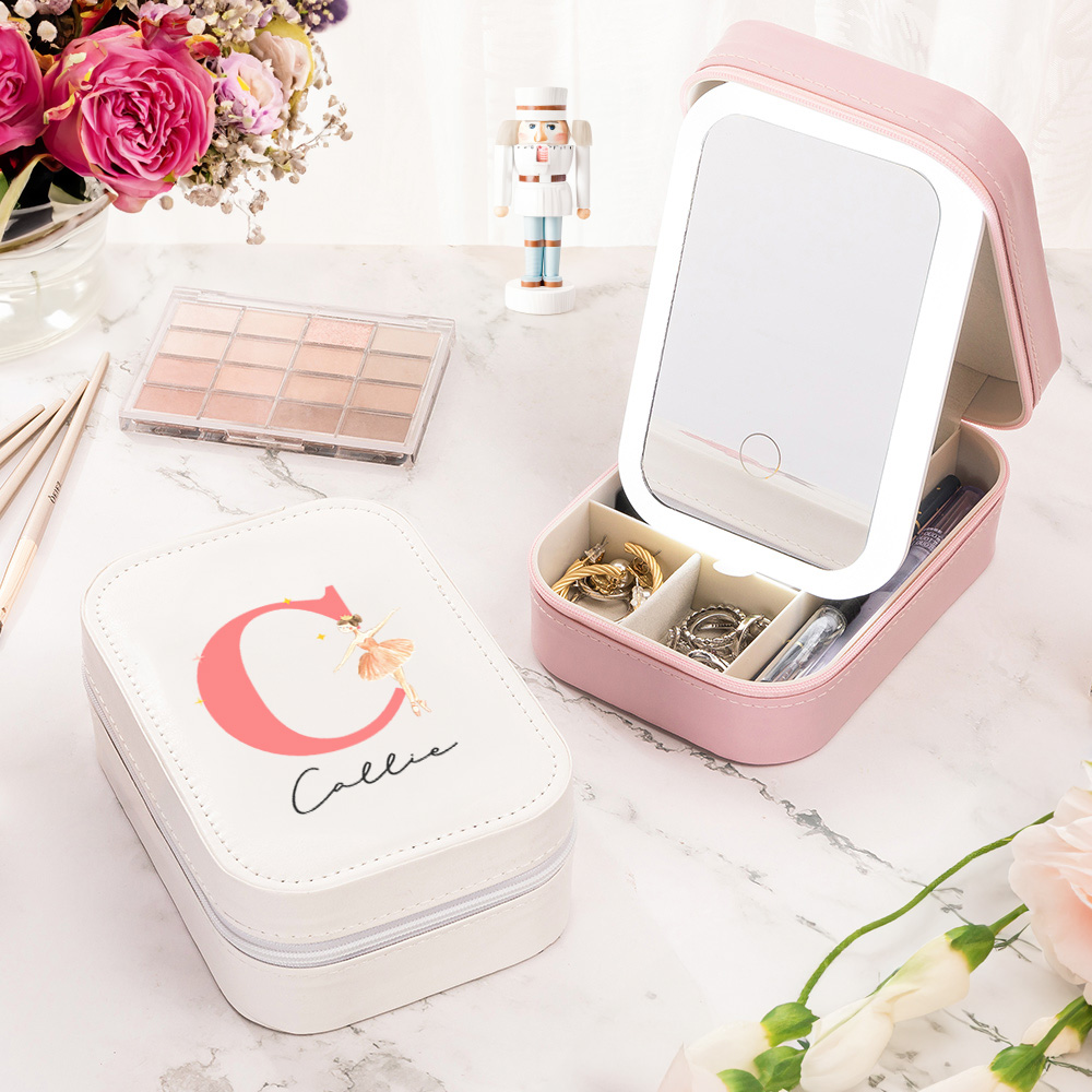 Boîte à bijoux en cuir personnalisée avec nom, initiale, couleur changeante LED Miroir de maquillage Cadeau d'anniversaire et de mariage pour les femmes