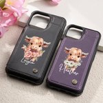 Personalised Birth Flower Highland Cow PU Leather Flip Wallet Phone Case for iPhone with Name RFID Blocking Card Holder Birthday Gift for Women