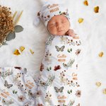 Personalized Bohemian Wildflower Butterfly Name Soft Swaddle Blanket and Hat Set Baby Shower Baptism Gift for Newborn