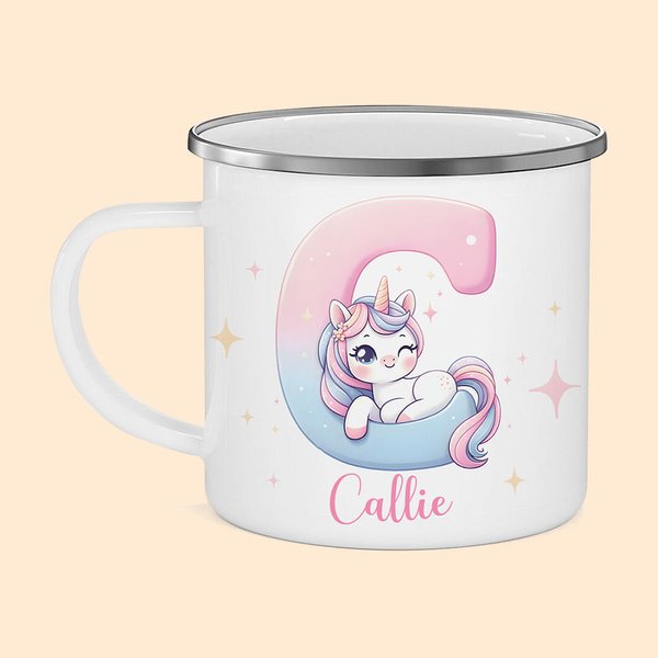 Personlig Fantasy Unicorn 11oz emaljekrus med navn og initialer Bursdagsgave til jenter på barnas dag
