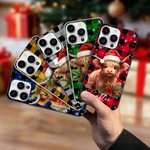 Personalized Holly Santa Hat Highland Cow Colorful Plaid Slim Phone Case with Name for iPhone Christmas Birthday Gift for Highland Cow Lovers