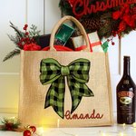 Personlig jul Holly Candy Färgglada ljus Plaid Bow Återanvändbar stor jute Tote Bag med namn Julfestival Present till familj Barn