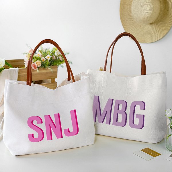 Personalised Shadow Name Canvas Tote Bag with Leather Handle Travel Shopping Accessories Gift Birthday Gift for Women Girls