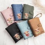 Personalized Highland Cow Birth Flower Tri-Folded Leather Wristlet Wallet with Name and Card Holder Birthday Gift for Women