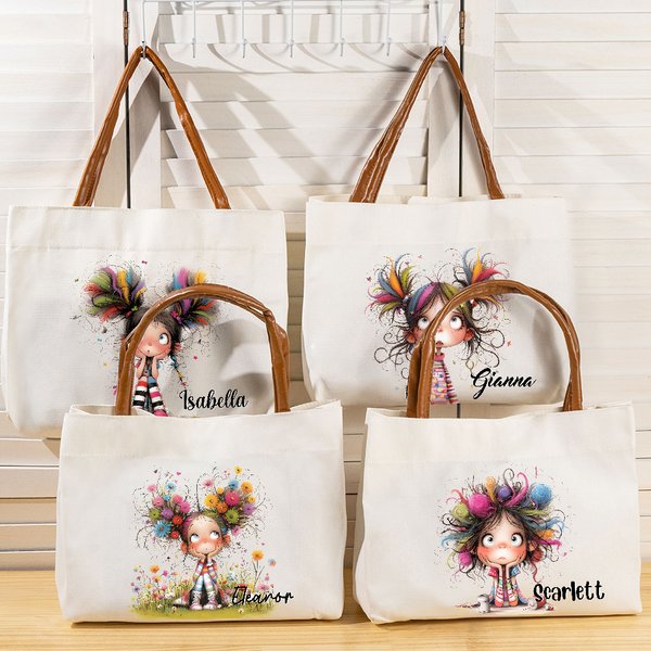 Personalizzato Quirky Girl Large Canvas Name Tote Bag con cerniera e maniglia in pelle Accessori da viaggio Regalo di compleanno per donne ragazze