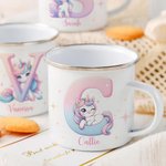 Personalisierte Fantasy Einhorn 11oz Emaille Becher mit Namen und Initialen Geburtstag Kindertag Geschenk für Mädchen
