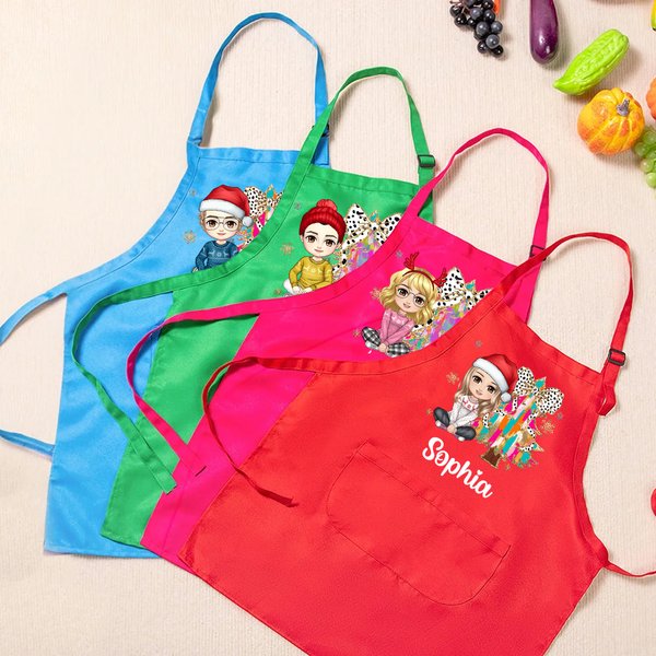 Gepersonaliseerd Cartoon Karakter Glitter Kerstboom Verstelbaar Kid Schort Chef Hoed Set met Naam Kerst Verjaardag Cadeau voor Jongens Meisjes