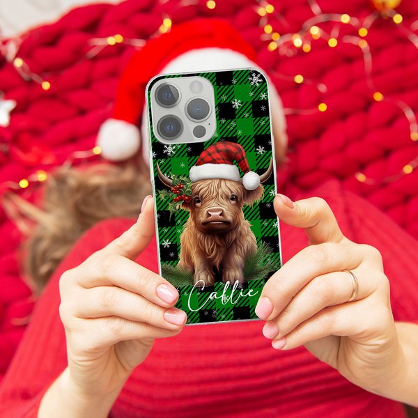 Spersonalizowany kapelusz Świętego Mikołaja Krowa Góralska Kolorowe etui na telefon z imieniem i nazwiskiem na iPhone'a Świąteczny prezent urodzinowy dla miłośników krów góralskich