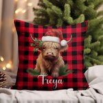 Personalized Holly Santa Hat Highland Cow Colorful Plaid Throw Pillow Cover with Name Home Decor Birthday Christmas Gift for Highland Cow Lovers
