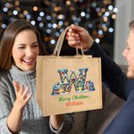 Bolsa de yute reutilizable personalizada Elf House Tree Snowman con inicial y nombre Cumpleaños Feliz Navidad Regalo para la familia