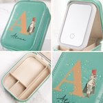 Personalized Classic Fairy Tale Character Leather Jewellery Box with Name Initial Changing Colour LED Makeup Mirror Birthday Wedding Gift for Women