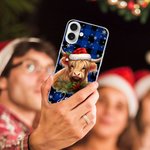 Personalized Holly Santa Hat Highland Cow Colorful Plaid Slim Phone Case with Name for iPhone Christmas Birthday Gift for Highland Cow Lovers