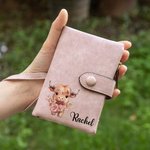 Personalized Highland Cow Birth Flower Tri-Folded Leather Wristlet Wallet with Name and Card Holder Birthday Gift for Women