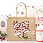 Personlig jul Holly Candy Färgglada ljus Plaid Bow Återanvändbar stor jute Tote Bag med namn Julfestival Present till familj Barn