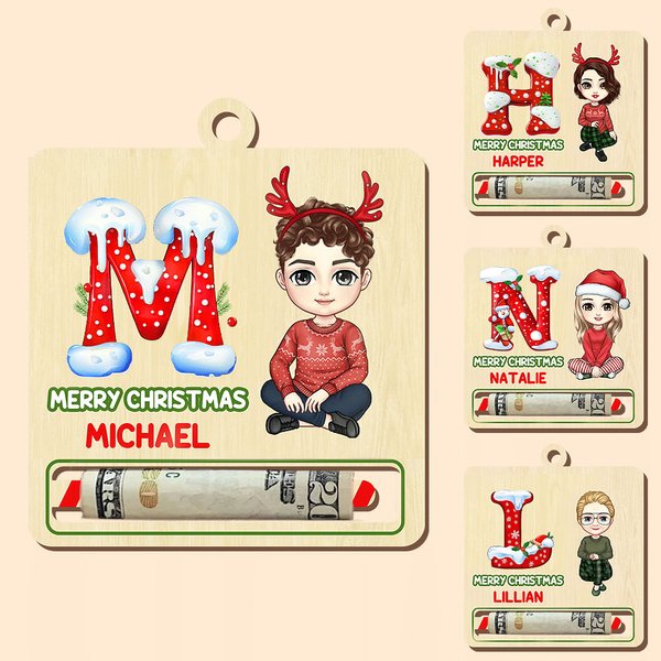 Personalised Cartoon Character Wooden Initial Money Holder Christmas Ornament with Name Christmas Tree Hanging Decor Gift for Family