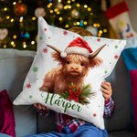 Personalized Holly Santa Hat Highland Cow Colorful Plaid Throw Pillow Cover with Name Home Decor Birthday Christmas Gift for Highland Cow Lovers