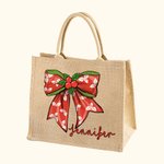 Personlig jul Holly Candy Färgglada ljus Plaid Bow Återanvändbar stor jute Tote Bag med namn Julfestival Present till familj Barn