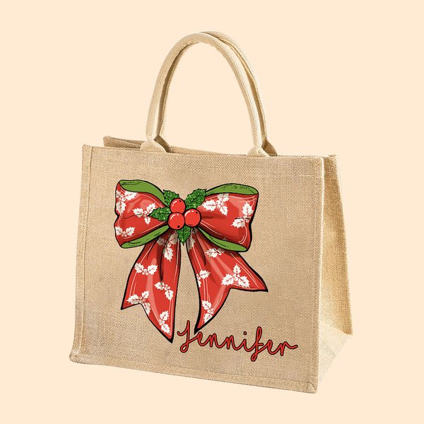 Sac en toile de jute réutilisable avec nom Cadeau de fête de Noël pour la famille et les enfants