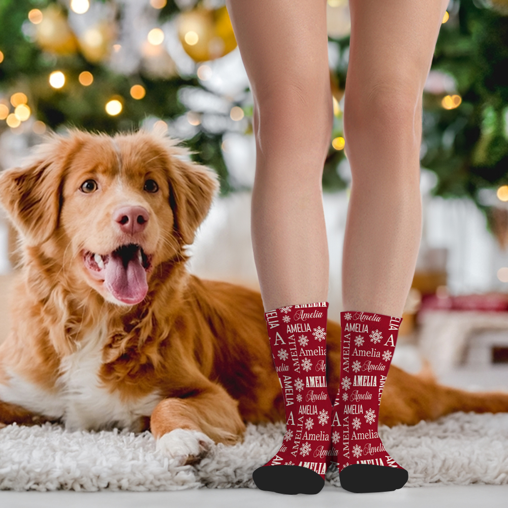 Chaussettes personnalisées Multicolore Flocon de Neige Nuage de Mots avec Nom Anniversaire Noël Cadeau pour la Famille