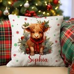 Personalized Holly Santa Hat Highland Cow Colorful Plaid Throw Pillow Cover with Name Home Decor Birthday Christmas Gift for Highland Cow Lovers