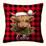Personalized Holly Santa Hat Highland Cow Colorful Plaid Throw Pillow Cover with Name Home Decor Birthday Christmas Gift for Highland Cow Lovers