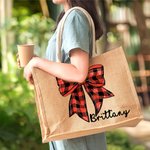 Personlig jul Holly Candy Färgglada ljus Plaid Bow Återanvändbar stor jute Tote Bag med namn Julfestival Present till familj Barn