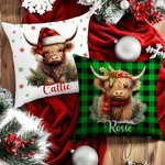 Personalized Holly Santa Hat Highland Cow Colorful Plaid Throw Pillow Cover with Name Home Decor Birthday Christmas Gift for Highland Cow Lovers