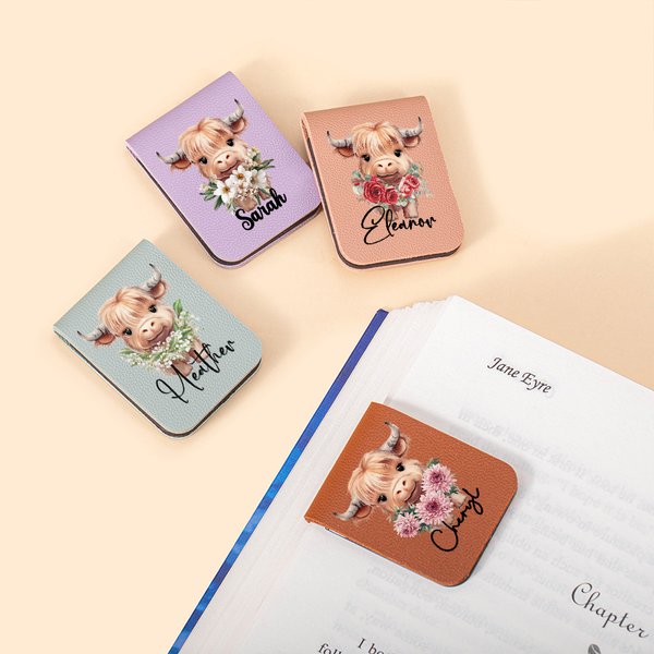Personalized Highland Cow Birth Flower Magnetic Leather Bookmark Clip with Name Birthday Gift for Highland Cow Lovers