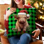 Personalized Holly Santa Hat Highland Cow Colorful Plaid Throw Pillow Cover with Name Home Decor Birthday Christmas Gift for Highland Cow Lovers