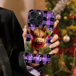 Personalized Holly Santa Hat Highland Cow Colorful Plaid Slim Phone Case with Name for iPhone Christmas Birthday Gift for Highland Cow Lovers