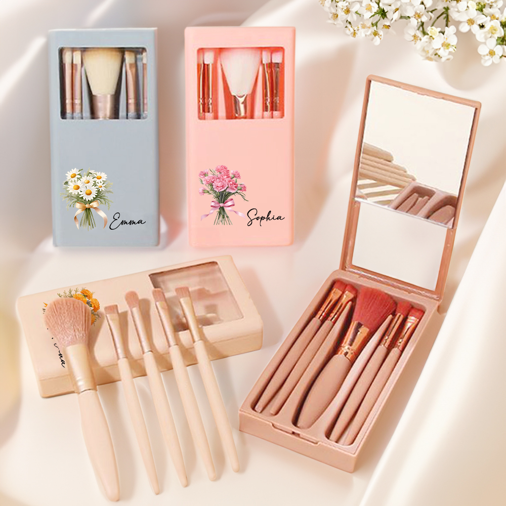 Set de brosses de maquillage personnalisé avec nom 5 brosses et miroir Cadeau d'anniversaire pour les femmes et les filles