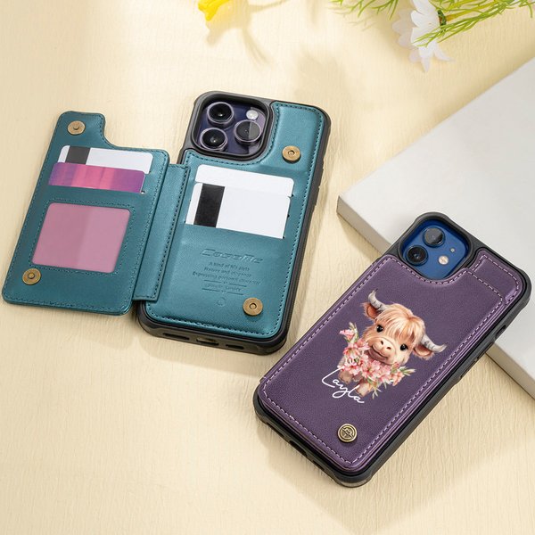 Personalized Birth Flower Highland Cow PU Leather Flip Wallet Phone Case for iPhone with Name RFID Blocking Card Holder Birthday Gift for Women