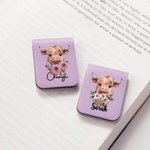 Personalized Highland Cow Birth Flower Magnetic Leather Bookmark Clip with Name Birthday Gift for Highland Cow Lovers