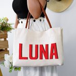 Personalised Shadow Name Canvas Tote Bag with Leather Handle Travel Shopping Accessories Gift Birthday Gift for Women Girls