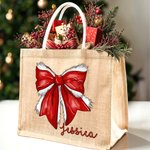 Personlig jul Holly Candy Färgglada ljus Plaid Bow Återanvändbar stor jute Tote Bag med namn Julfestival Present till familj Barn