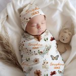 Personalized Bohemian Wildflower Butterfly Name Soft Swaddle Blanket and Hat Set Baby Shower Baptism Gift for Newborn