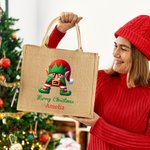 Bolsa de yute reutilizable personalizada Elf House Tree Snowman con inicial y nombre Cumpleaños Feliz Navidad Regalo para la familia