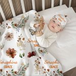 Personalized Bohemian Wildflower Butterfly Name Soft Swaddle Blanket and Hat Set Baby Shower Baptism Gift for Newborn
