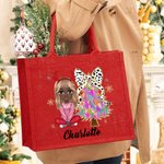 Personalized Cartoon Character Glitter Christmas Tree Large Red Jute Gift Tote Bag with Name Christmas Festival Party Gift for Kids Family