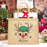 Personalised Cute Polka Dot Bow Hat Reindeer Large Capacity Jute Tote Bag with Name Christmas Holiday Gift for Kids Family