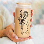 Personalised Birth Flower 20oz Frosted Tumbler Glass Can with Bamboo Lid and Straw Birthday Wedding Gift for Women
