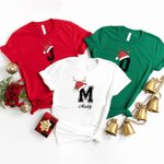 Renna personalizzata Cappello di Babbo Natale Iniziale 100 % Cotone Abbinato Body Bambino Adulto Maglietta con Nome Regalo di Natale per la Famiglia
