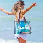 Personalized Clear Hologram Waterproof Large Beach Bag Tote Bag with Name Travel Accessories Birthday Gift for Women Girls
