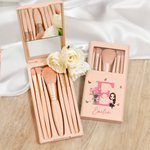 Personalized Birth Flower Bouquet Cartoon Character 5 Pcs Makeup Brushes Box Set with Name Initial and Mirror Birthday Anniversary Gift for Women Girl
