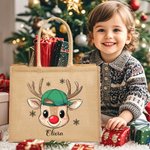 Personalised Cute Polka Dot Bow Hat Reindeer Large Capacity Jute Tote Bag with Name Christmas Holiday Gift for Kids Family